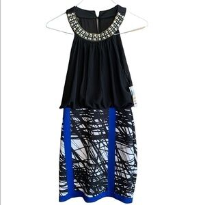 Women’s Thalia Sodi small black, white and blue dress. Empire neckline.